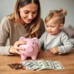 Young toddler learning about money from mom